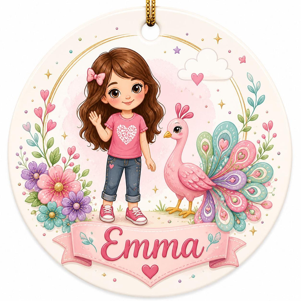Pink Peacock Girl Ornament, Floral Bird Decor, Whimsical Ceramic KeepsakePersonalized