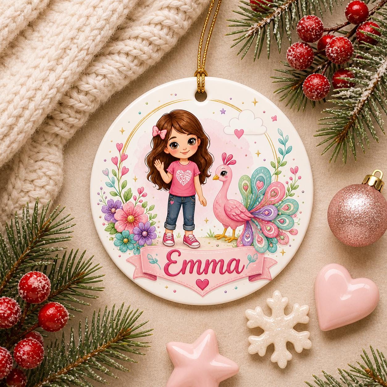 Pink Peacock Girl Ornament, Floral Bird Decor, Whimsical Ceramic KeepsakePersonalized