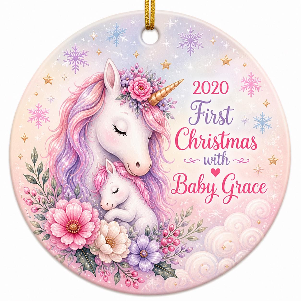 Unicorn Baby's First Christmas Ornament, Custom Name KeepsakePersonalized