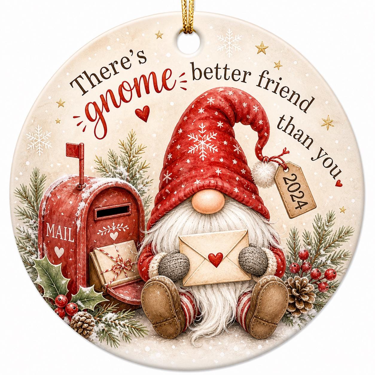 Custom Gnome Ornament, Watercolor Postbox Art, Ceramic Friendship Keepsake, Christmas GiftPersonalized
