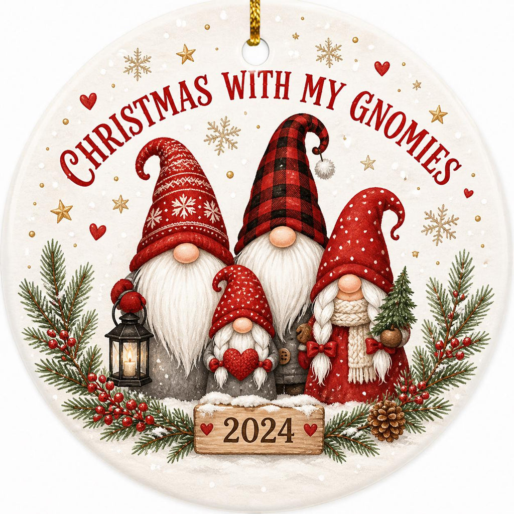 Gnome Family Christmas Ornament, Custom Wood Slice Art, Poinsettia Holiday Decor, Ceramic KeepsakePersonalized