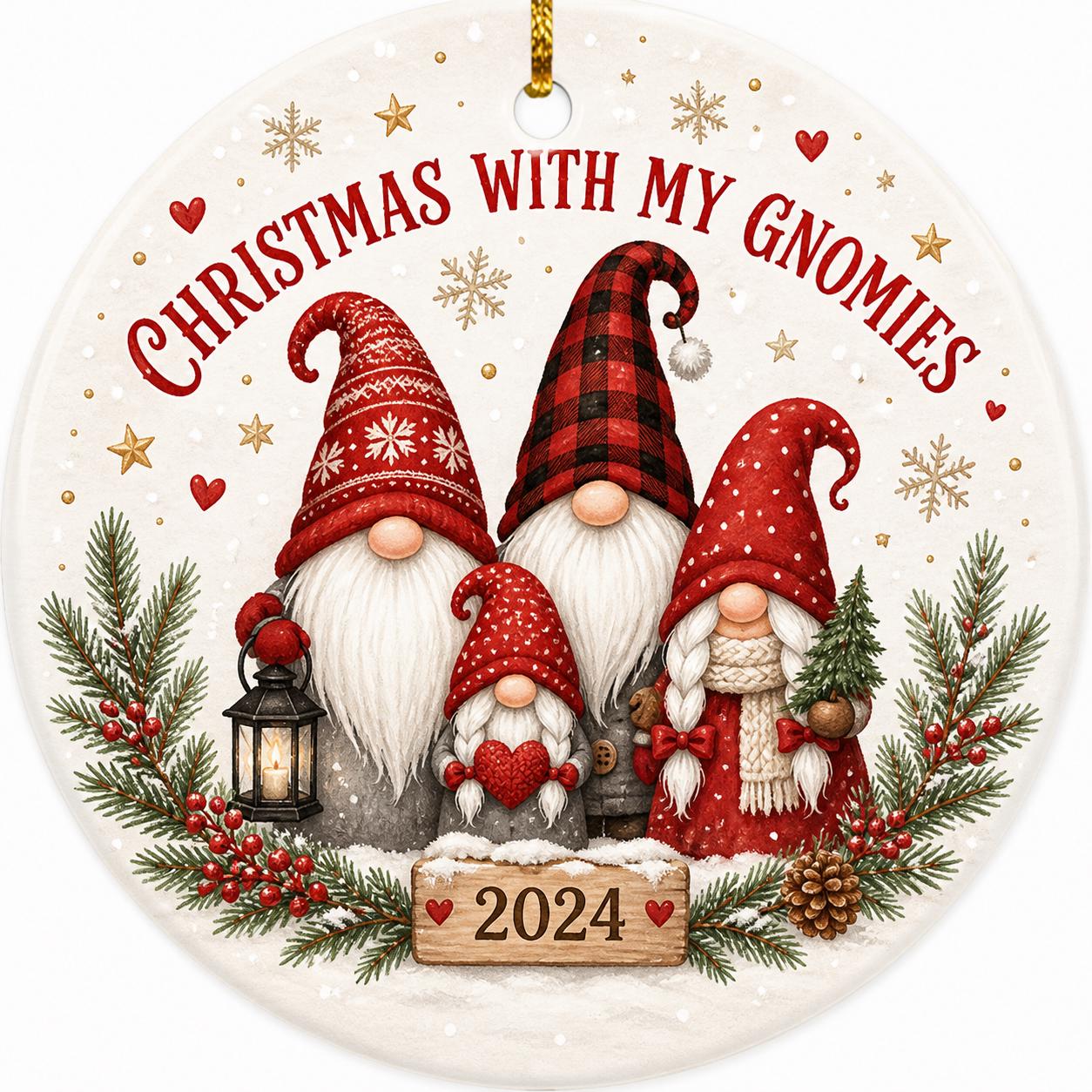Gnome Family Christmas Ornament, Custom Wood Slice Art, Poinsettia Holiday Decor, Ceramic KeepsakePersonalized