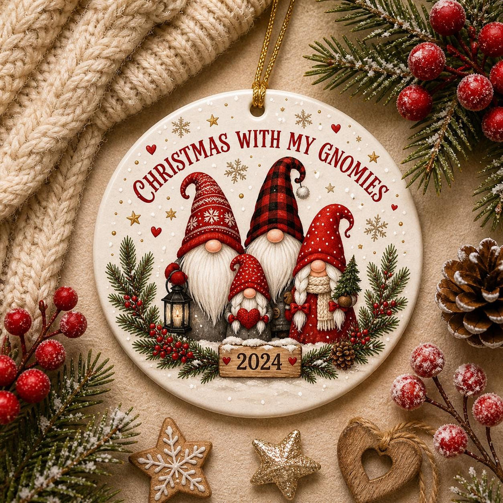 Gnome Family Christmas Ornament, Custom Wood Slice Art, Poinsettia Holiday Decor, Ceramic KeepsakePersonalized