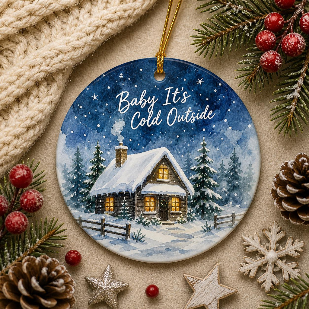 Winter Cabin Ceramic Ornament, Hand-Painted Snow Scene, Cozy Home DecorPersonalized