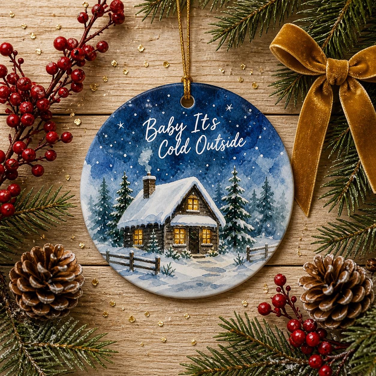 Winter Cabin Ceramic Ornament, Hand-Painted Snow Scene, Cozy Home DecorPersonalized