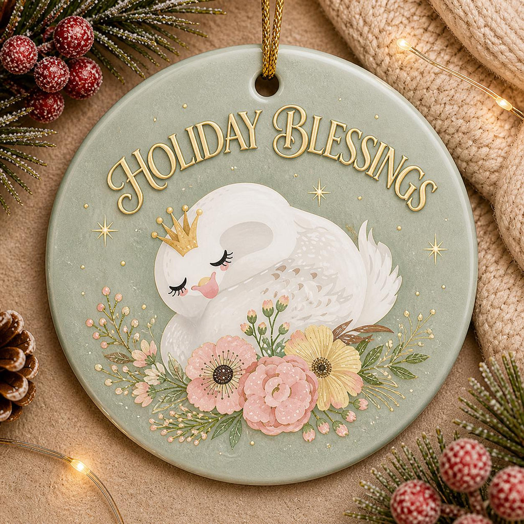 Swan Princess Ornament, Floral Ceramic Keepsake, Whimsical Winter ArtPersonalized