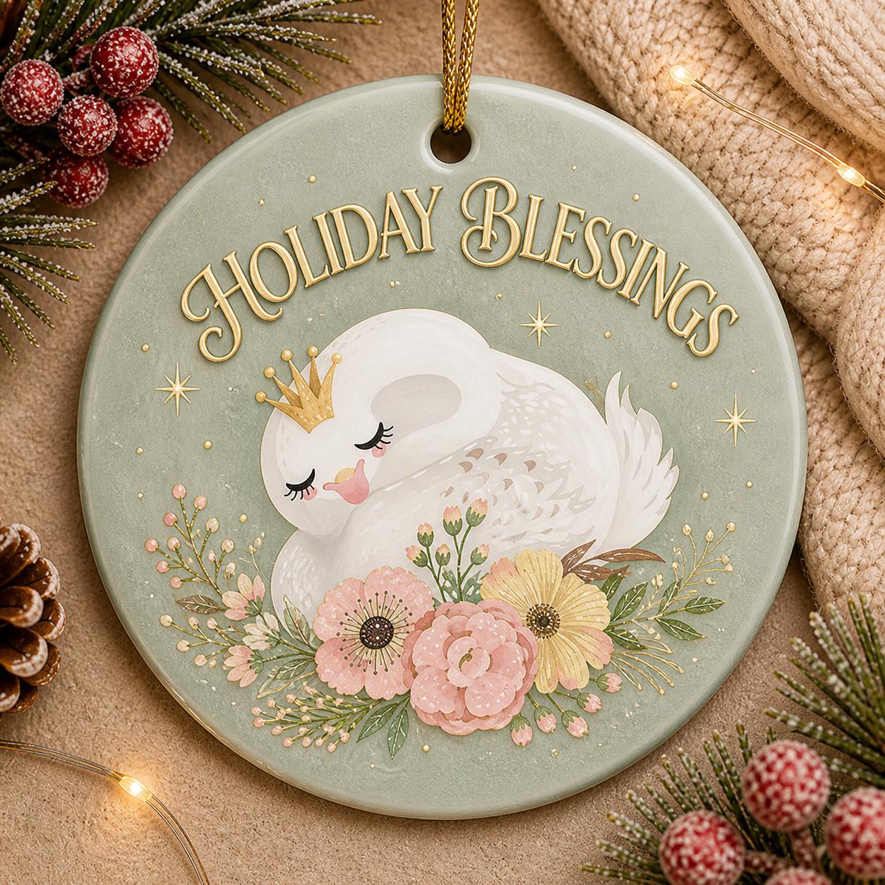 Swan Princess Ornament, Floral Ceramic Keepsake, Whimsical Winter ArtPersonalized