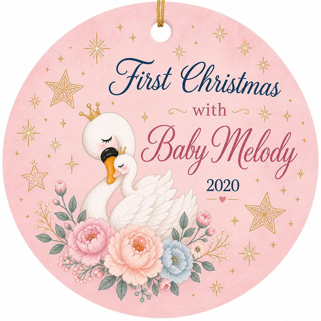 Swan Princess Ornament, Pink Floral Keepsake, Baby's First ChristmasPersonalized