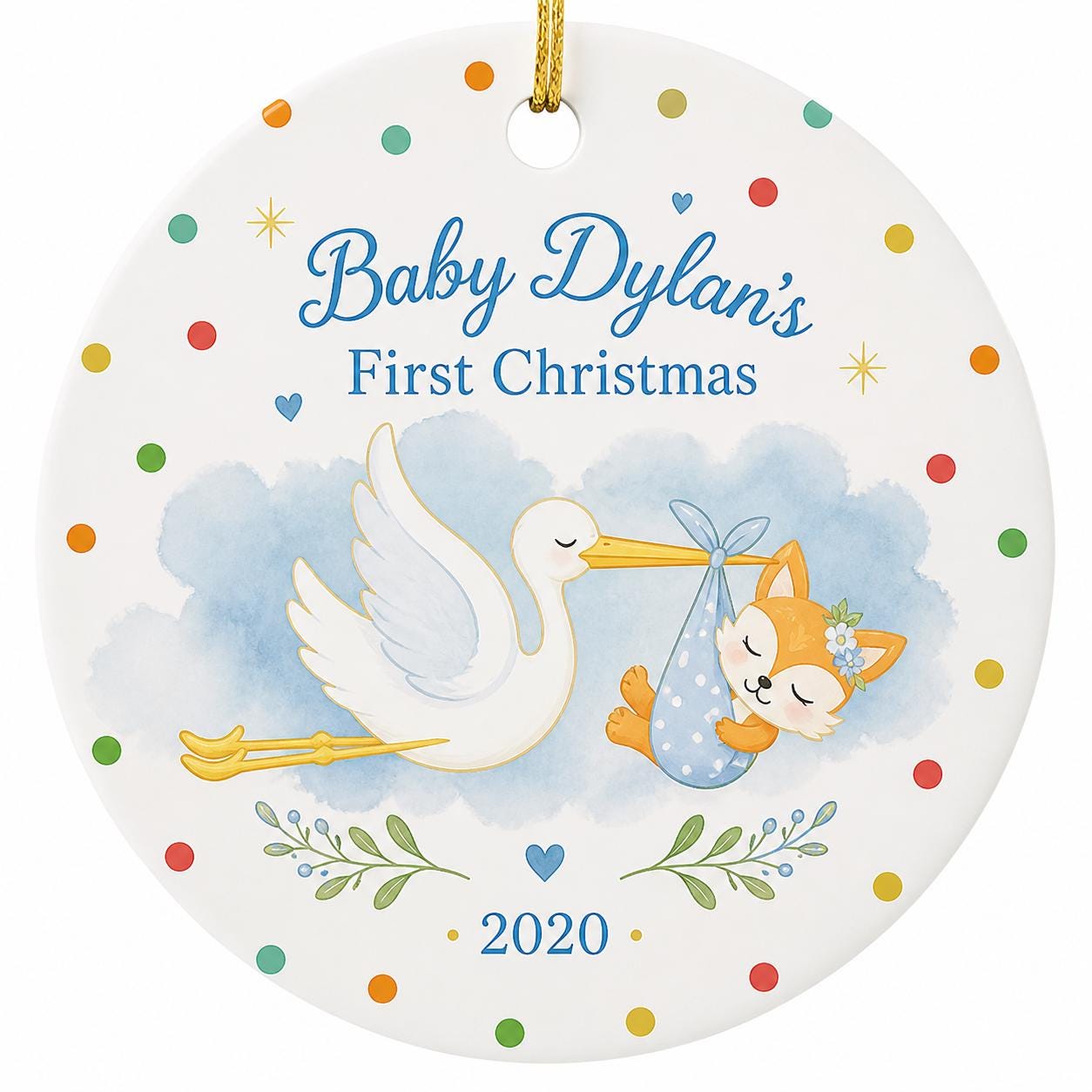 Stork Baby Fox Ornament, First Christmas Keepsake, Woodland Nursery DecorPersonalized