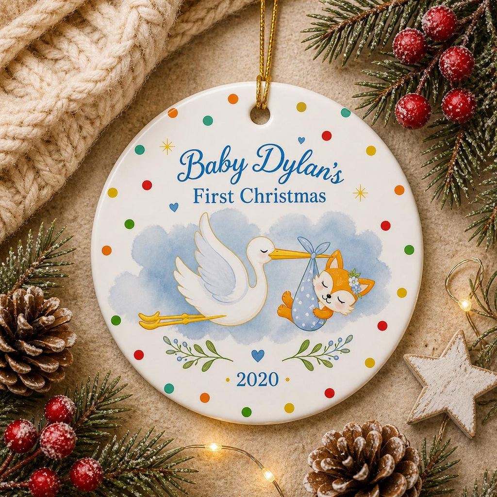 Stork Baby Fox Ornament, First Christmas Keepsake, Woodland Nursery DecorPersonalized