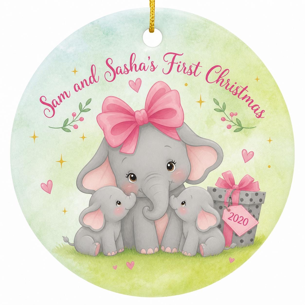 Elephant Twins First Christmas Ornament, Watercolor Baby Gift, New Mom KeepsakePersonalized