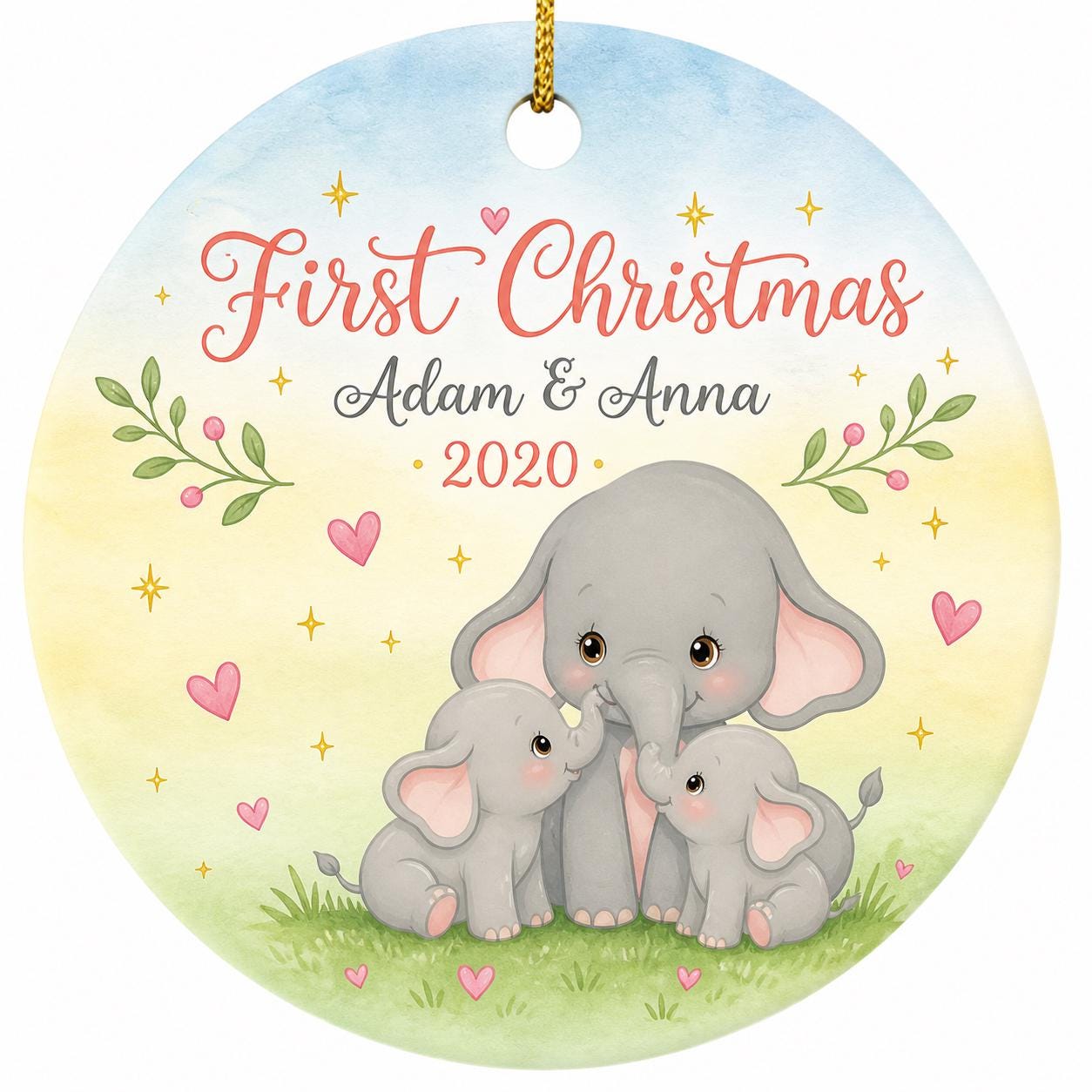 Elephant Family First Christmas Ornament, Twins Baby Keepsake, Watercolor Nursery DecorPersonalized