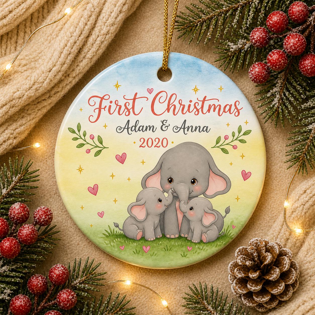 Elephant Family First Christmas Ornament, Twins Baby Keepsake, Watercolor Nursery DecorPersonalized