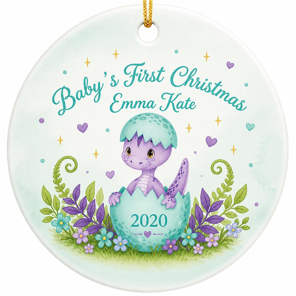 Baby's First Christmas Dinosaur Ornament, Custom Name Ceramic Keepsake, Whimsical Dino Nursery DecorPersonalized