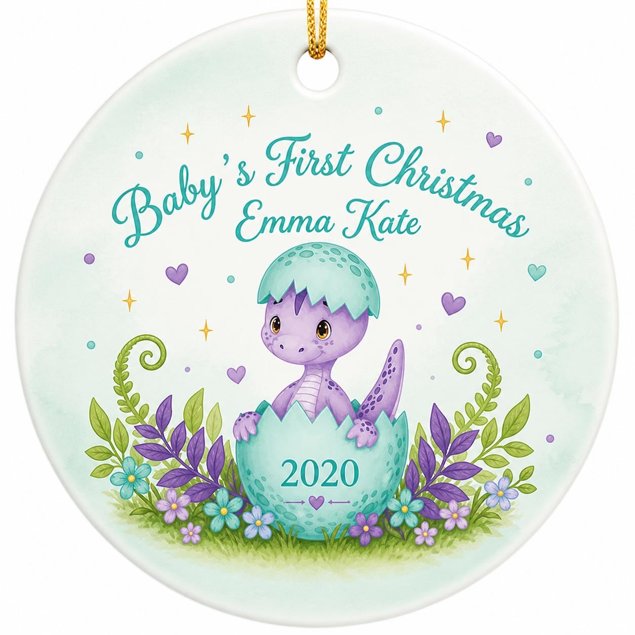 Baby's First Christmas Dinosaur Ornament, Custom Name Ceramic Keepsake, Whimsical Dino Nursery DecorPersonalized
