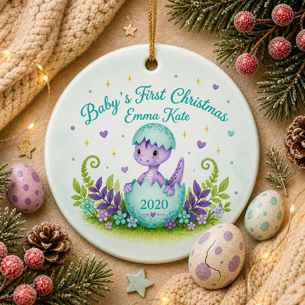 Baby's First Christmas Dinosaur Ornament, Custom Name Ceramic Keepsake, Whimsical Dino Nursery DecorPersonalized