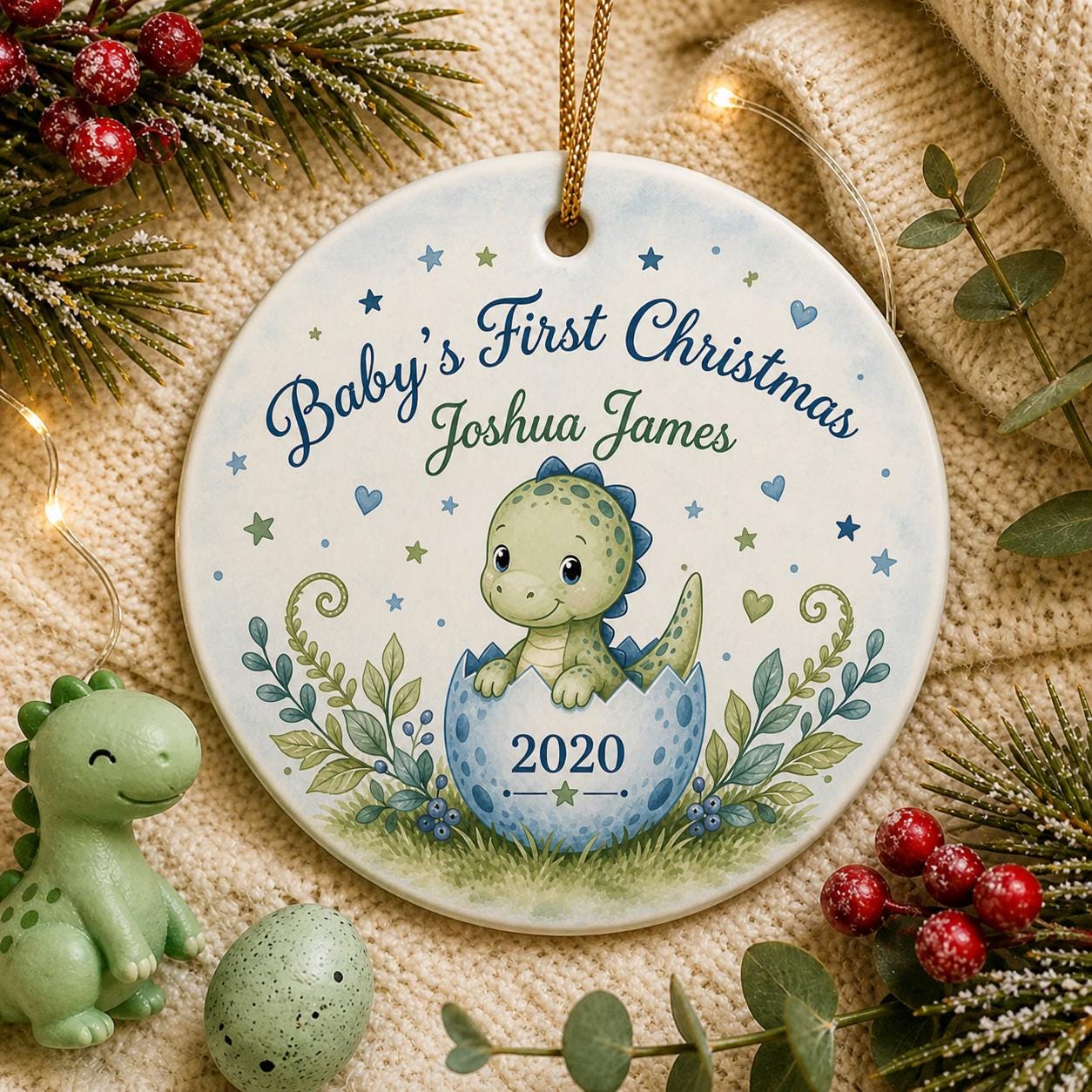 Baby's First Christmas Dinosaur Ornament, Personalized Hatchling Dino KeepsakePersonalized