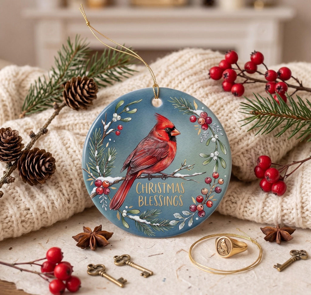 Red Cardinal Ceramic Ornament, Watercolor Winter Bird Art, Christmas Blessings KeepsakePersonalized