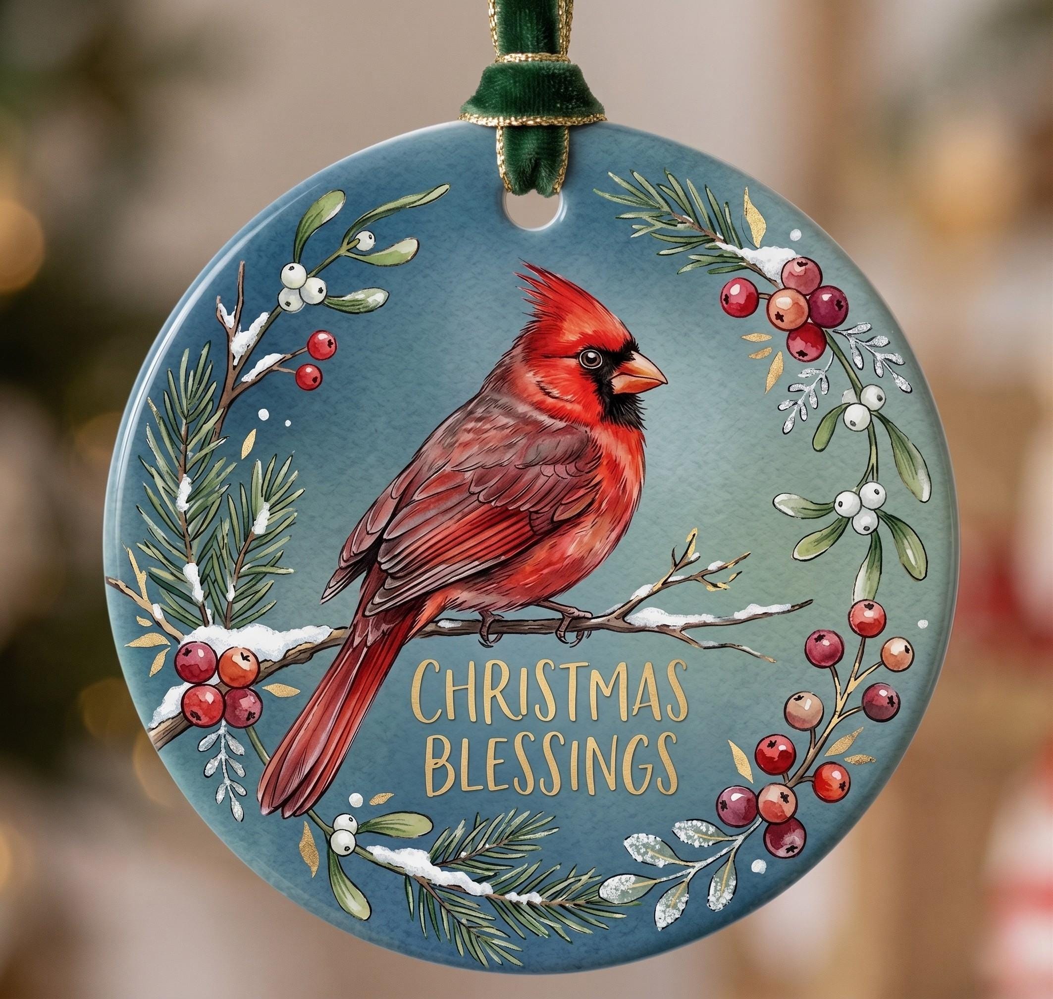 Red Cardinal Ceramic Ornament, Watercolor Winter Bird Art, Christmas Blessings KeepsakePersonalized