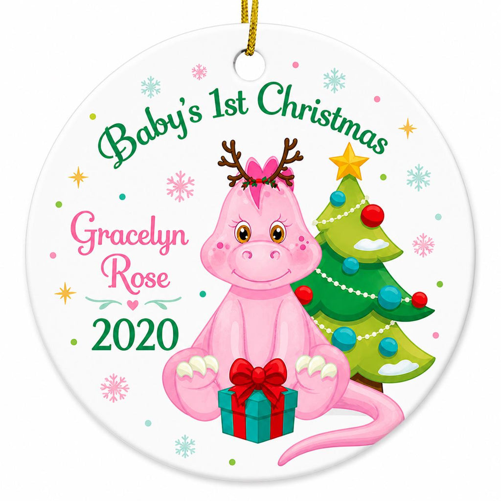 Pink Dinosaur Reindeer Ornament, Baby's 1st Christmas, Personalized Name KeepsakePersonalized