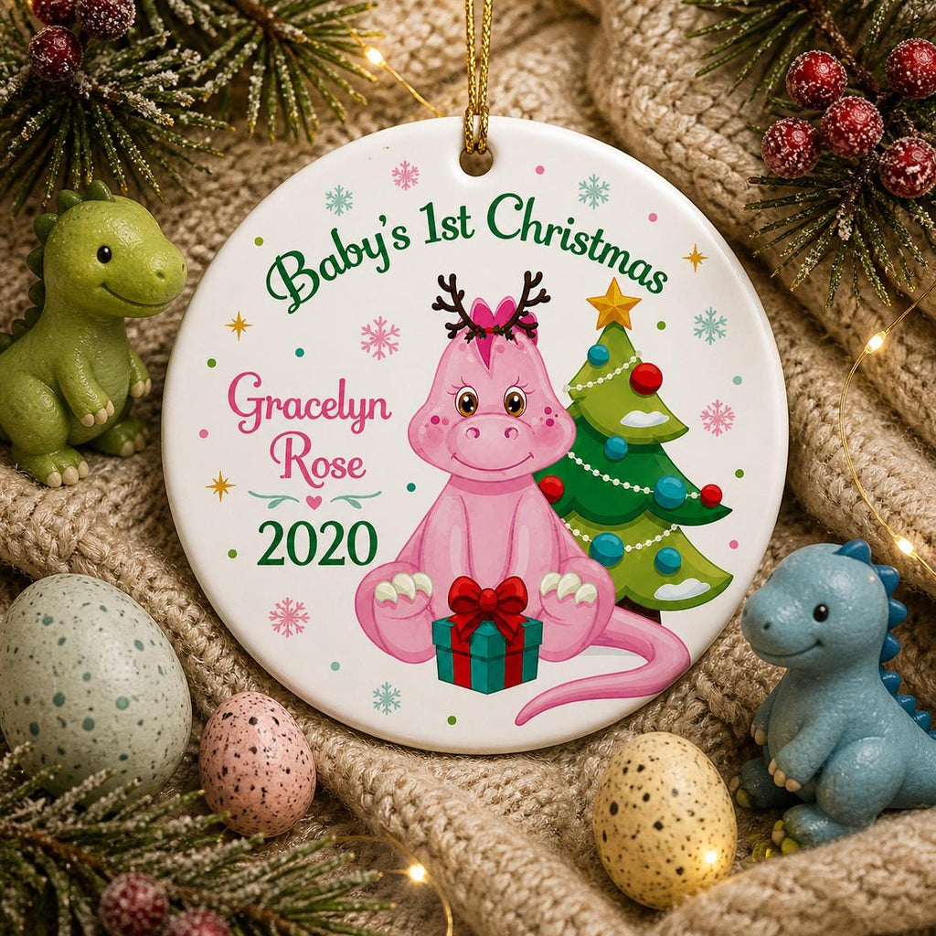 Pink Dinosaur Reindeer Ornament, Baby's 1st Christmas, Personalized Name KeepsakePersonalized
