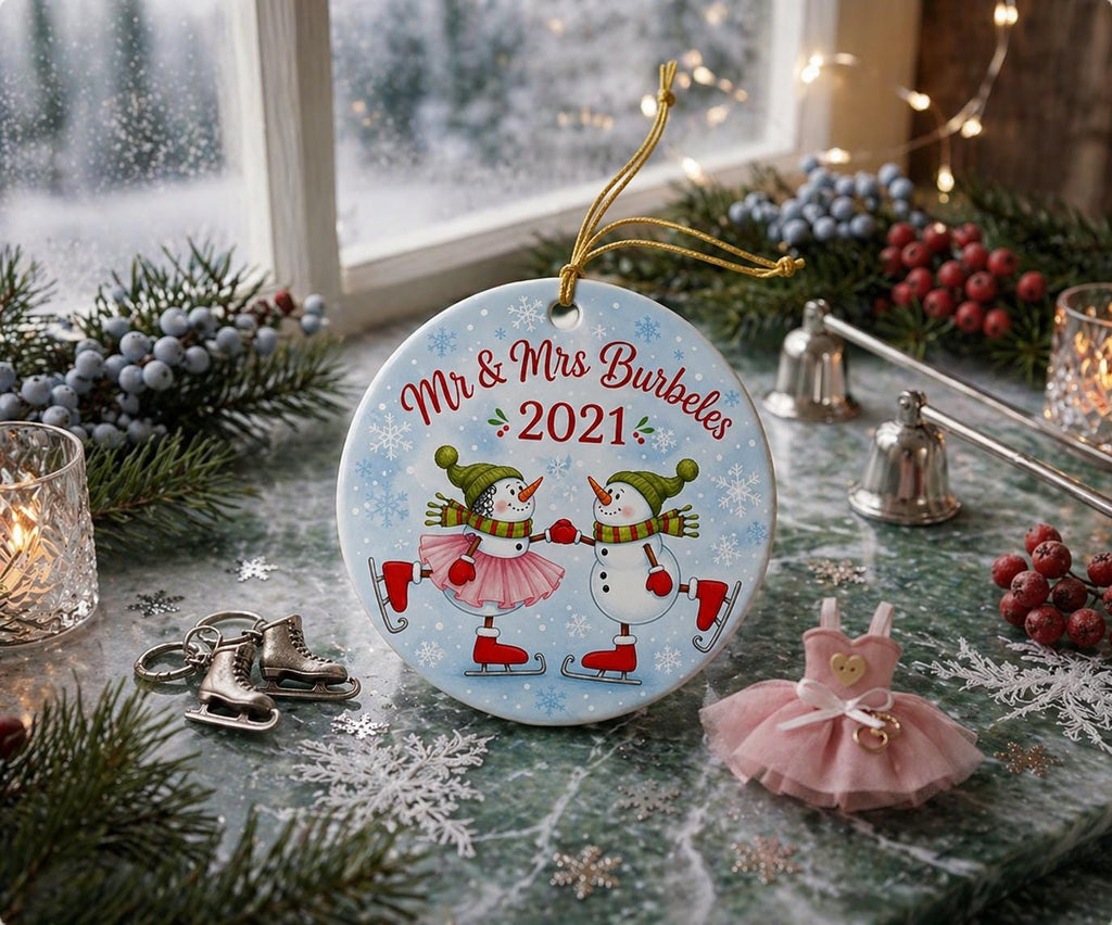 Ice Skating Snowman Couple Ornament, Personalized Anniversary Keepsake, Whimsical Winter DecorPersonalized
