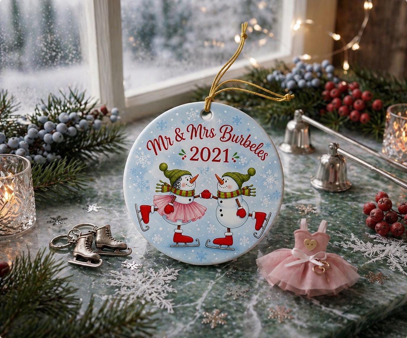 Ice Skating Snowman Couple Ornament, Personalized Anniversary Keepsake, Whimsical Winter DecorPersonalized