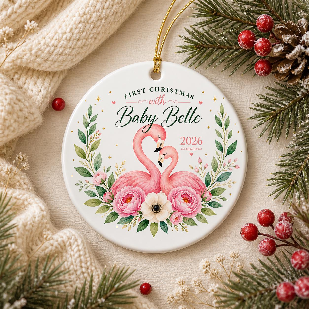 Baby's First Christmas Flamingo Ornament, Custom Nursery Keepsake, Floral Watercolor GiftPersonalized