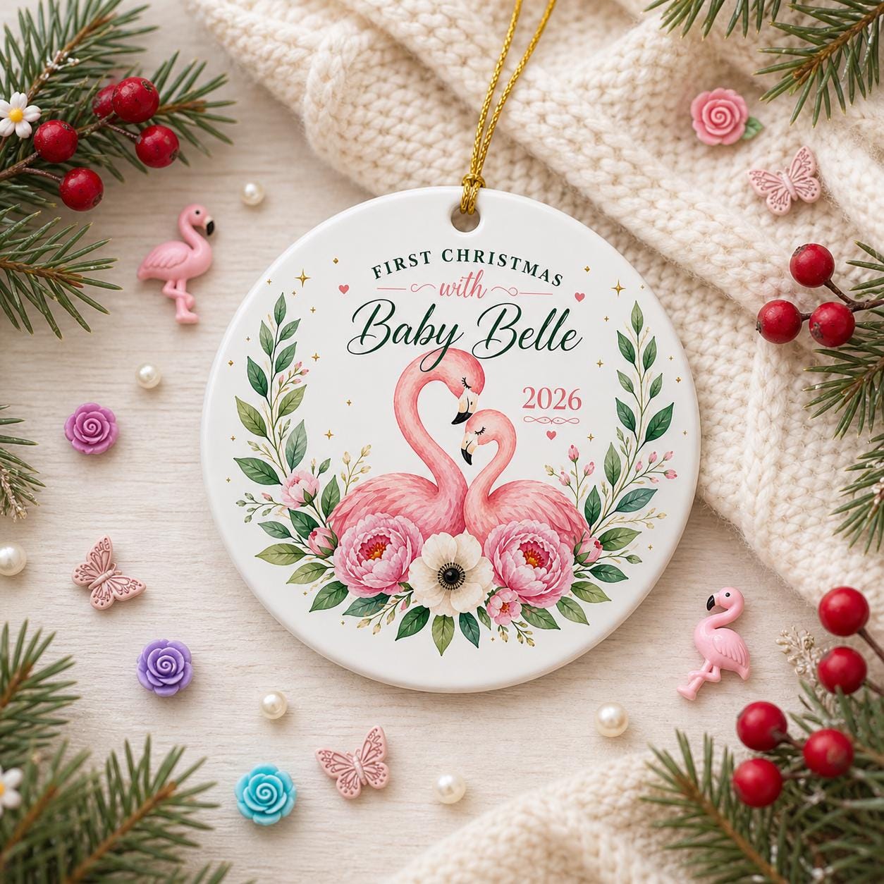 Baby's First Christmas Flamingo Ornament, Custom Nursery Keepsake, Floral Watercolor GiftPersonalized