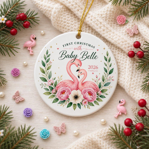 Baby's First Christmas Flamingo Ornament, Custom Nursery Keepsake, Floral Watercolor GiftPersonalized