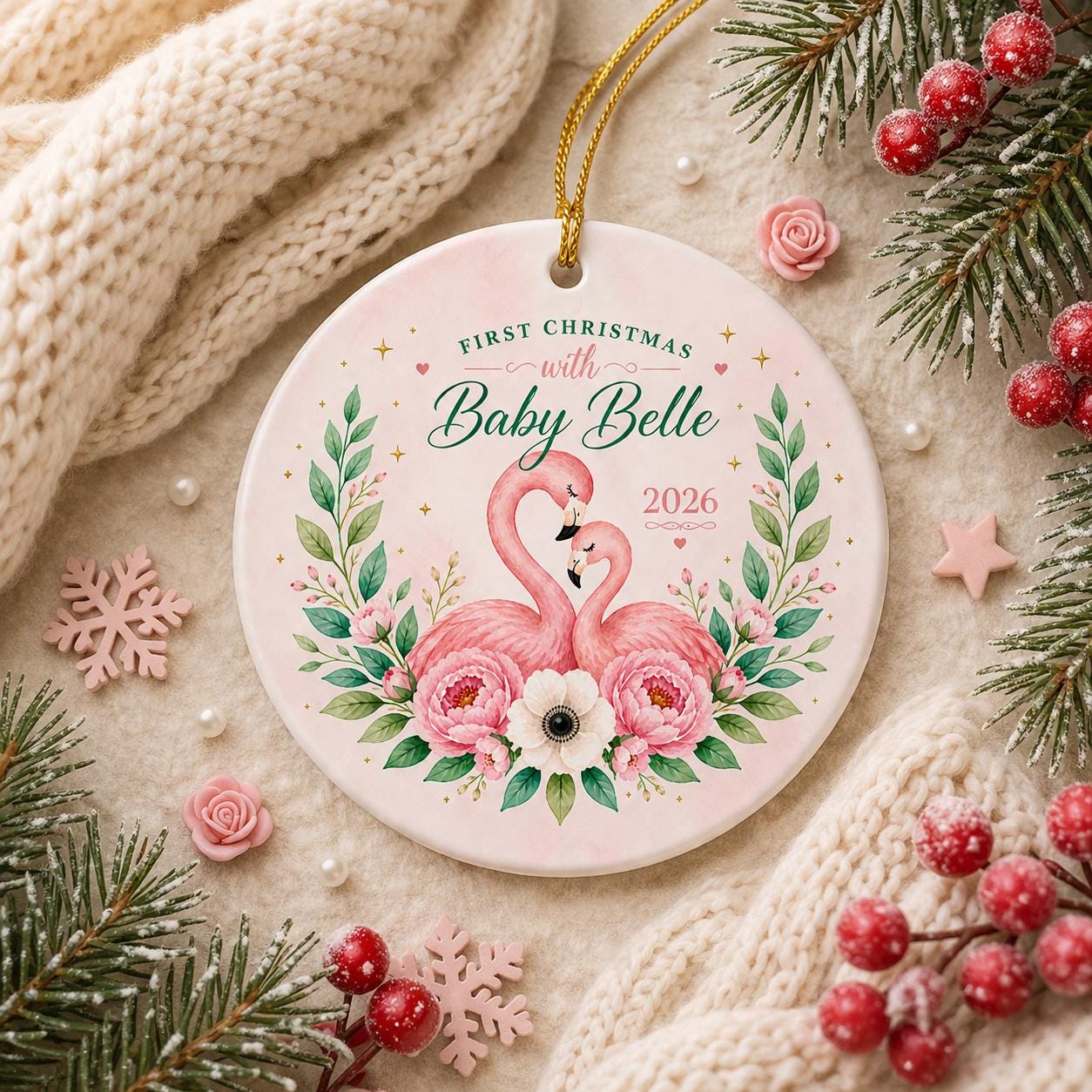 Baby's First Christmas Flamingo Ornament, Custom Nursery Keepsake, Floral Watercolor GiftPersonalized