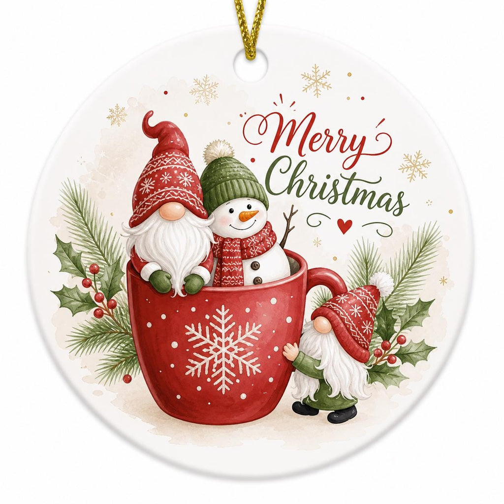 Gnome Snowman Cocoa Mug Christmas Ornament, Whimsical Winter Ceramic KeepsakePersonalized