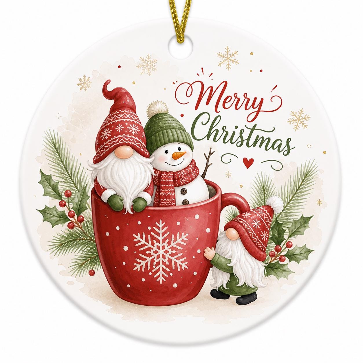 Gnome Snowman Cocoa Mug Christmas Ornament, Whimsical Winter Ceramic KeepsakePersonalized