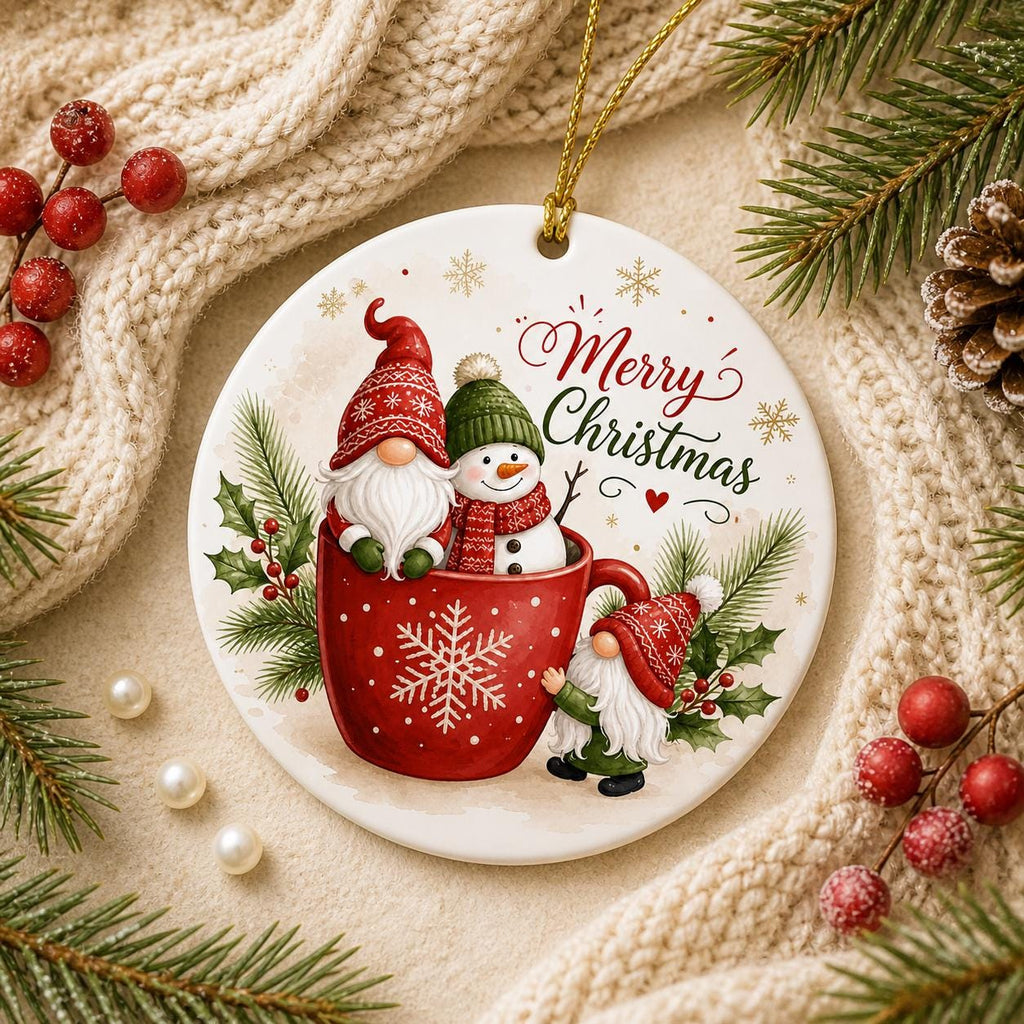 Gnome Snowman Cocoa Mug Christmas Ornament, Whimsical Winter Ceramic KeepsakePersonalized