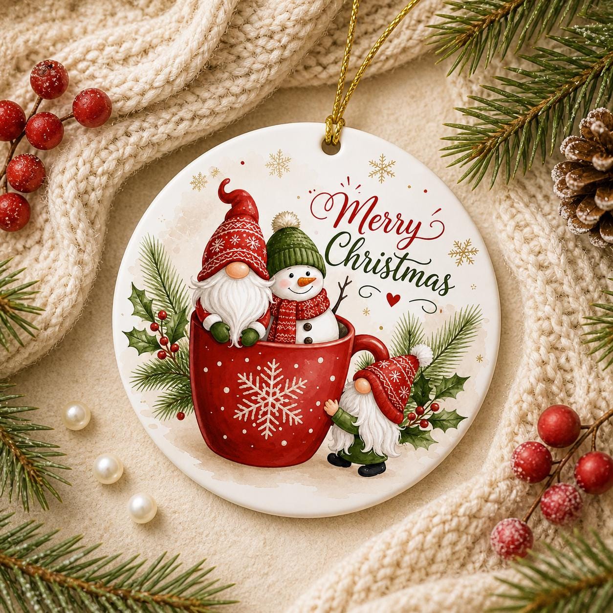Gnome Snowman Cocoa Mug Christmas Ornament, Whimsical Winter Ceramic KeepsakePersonalized
