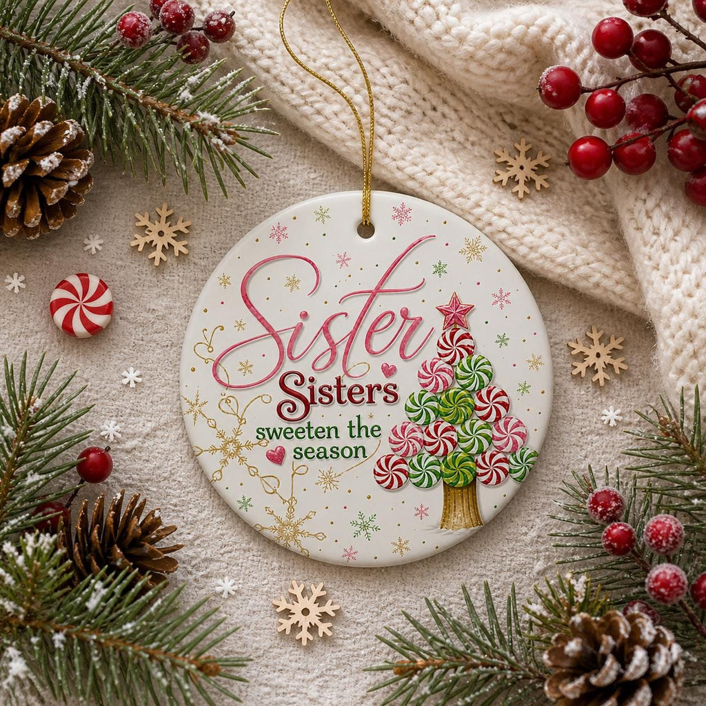 Sister Christmas Ornament, Peppermint Candy Tree Ceramic KeepsakePersonalized