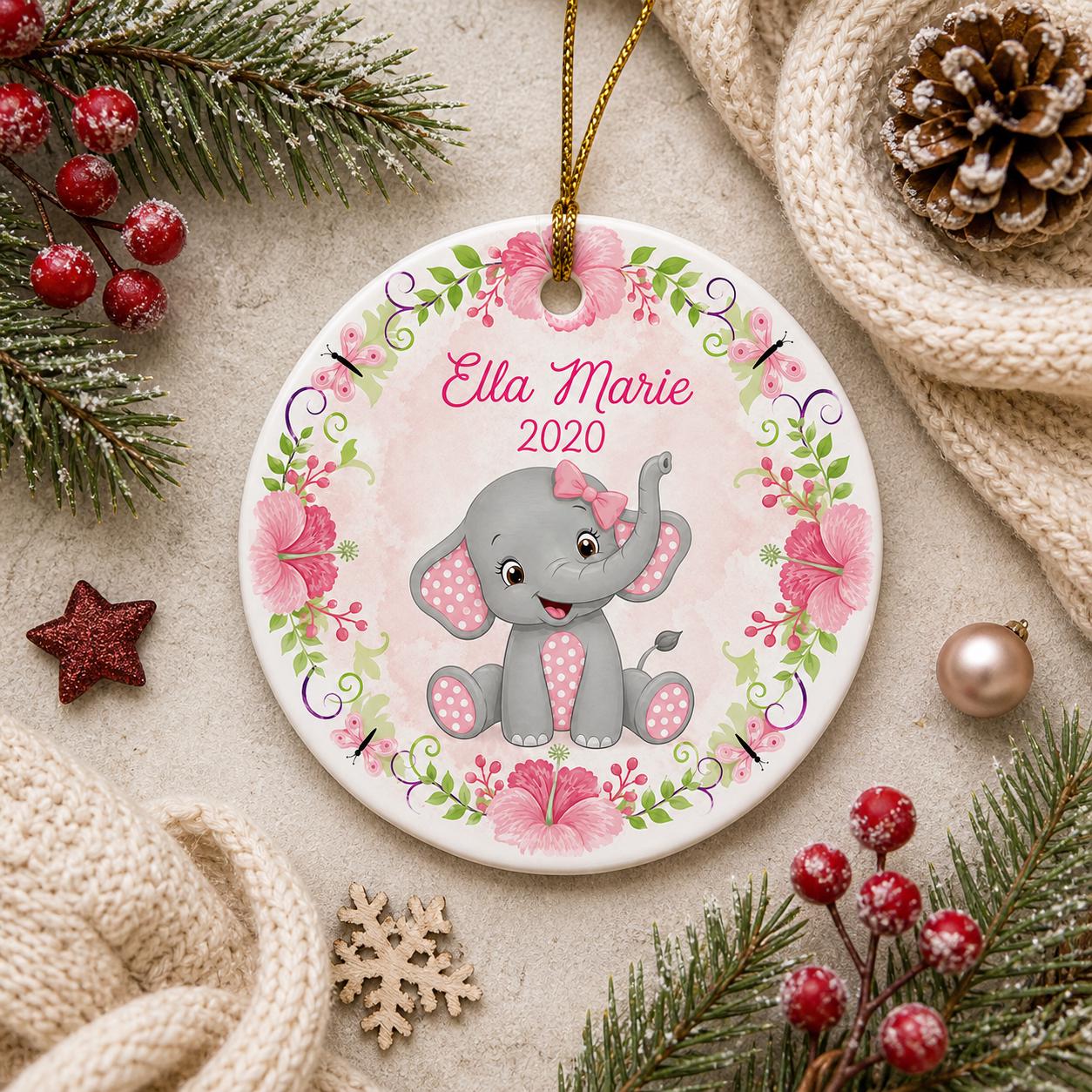 Baby Girl Elephant Ornament, Pink Floral Nursery Decor, Ceramic KeepsakePersonalized