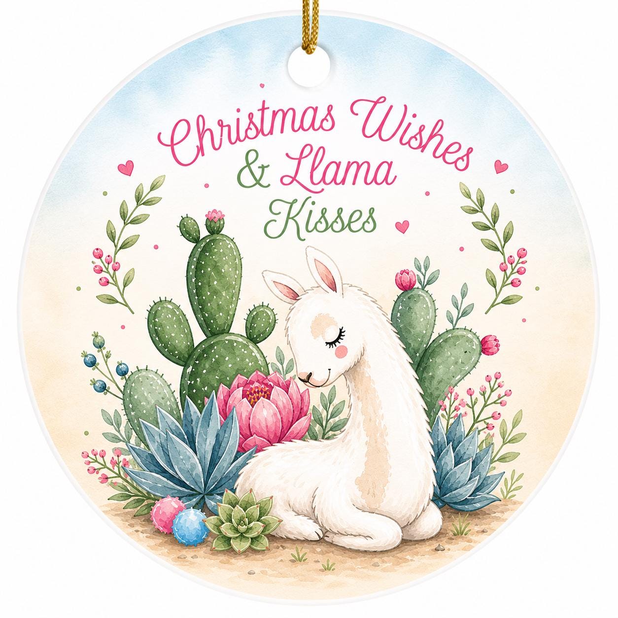 Llama Christmas Ornament, Watercolor Desert Cactus, Custom Name KeepsakePersonalized