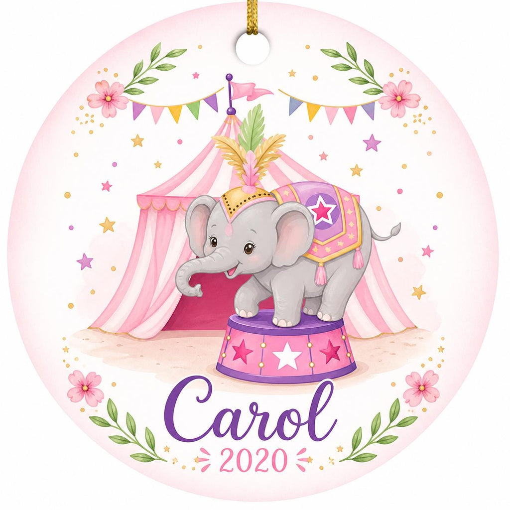 Ceramic Elephant Ornament, Pink Carnival Big Top Keepsake, Baby's First Circus GiftPersonalized