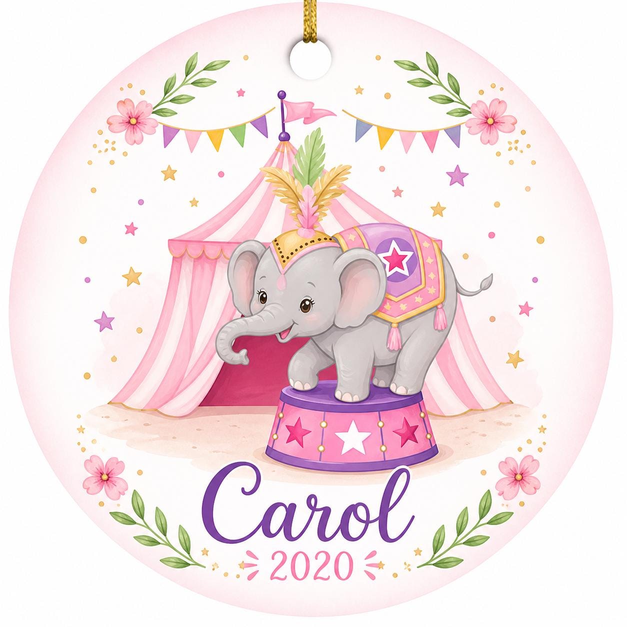 Ceramic Elephant Ornament, Pink Carnival Big Top Keepsake, Baby's First Circus GiftPersonalized
