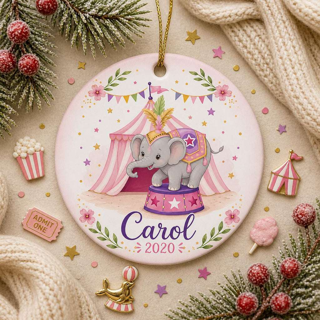 Ceramic Elephant Ornament, Pink Carnival Big Top Keepsake, Baby's First Circus GiftPersonalized