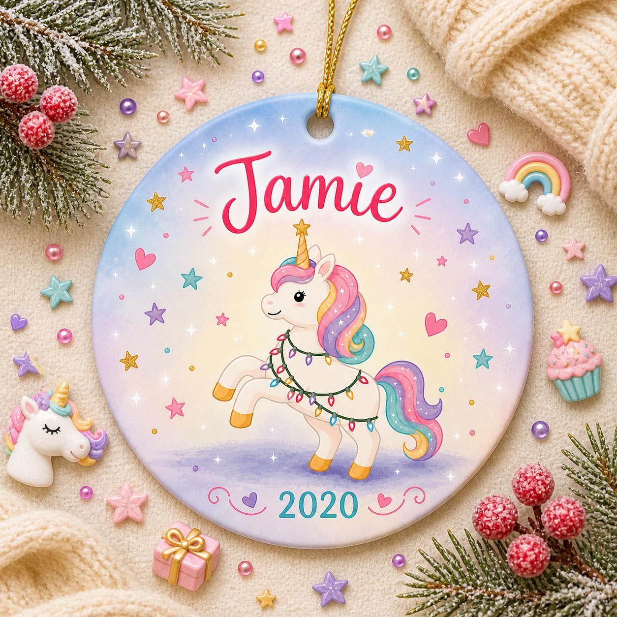 Unicorn Ornament, Rainbow Galaxy Christmas Keepsake, Whimsical Fantasy ArtPersonalized