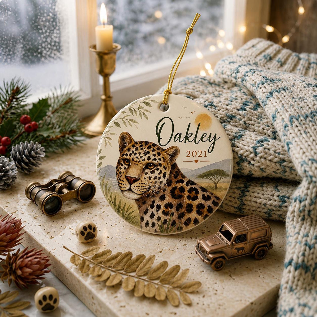 Leopard Safari Ceramic Ornament, Wild Animal Keepsake, Jungle Nursery DecorPersonalized
