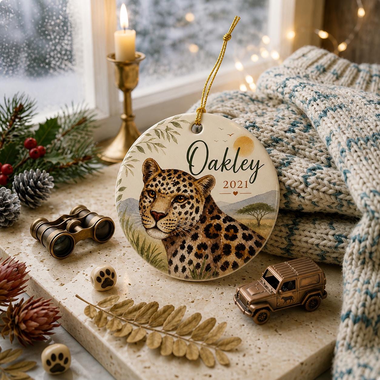 Leopard Safari Ceramic Ornament, Wild Animal Keepsake, Jungle Nursery DecorPersonalized