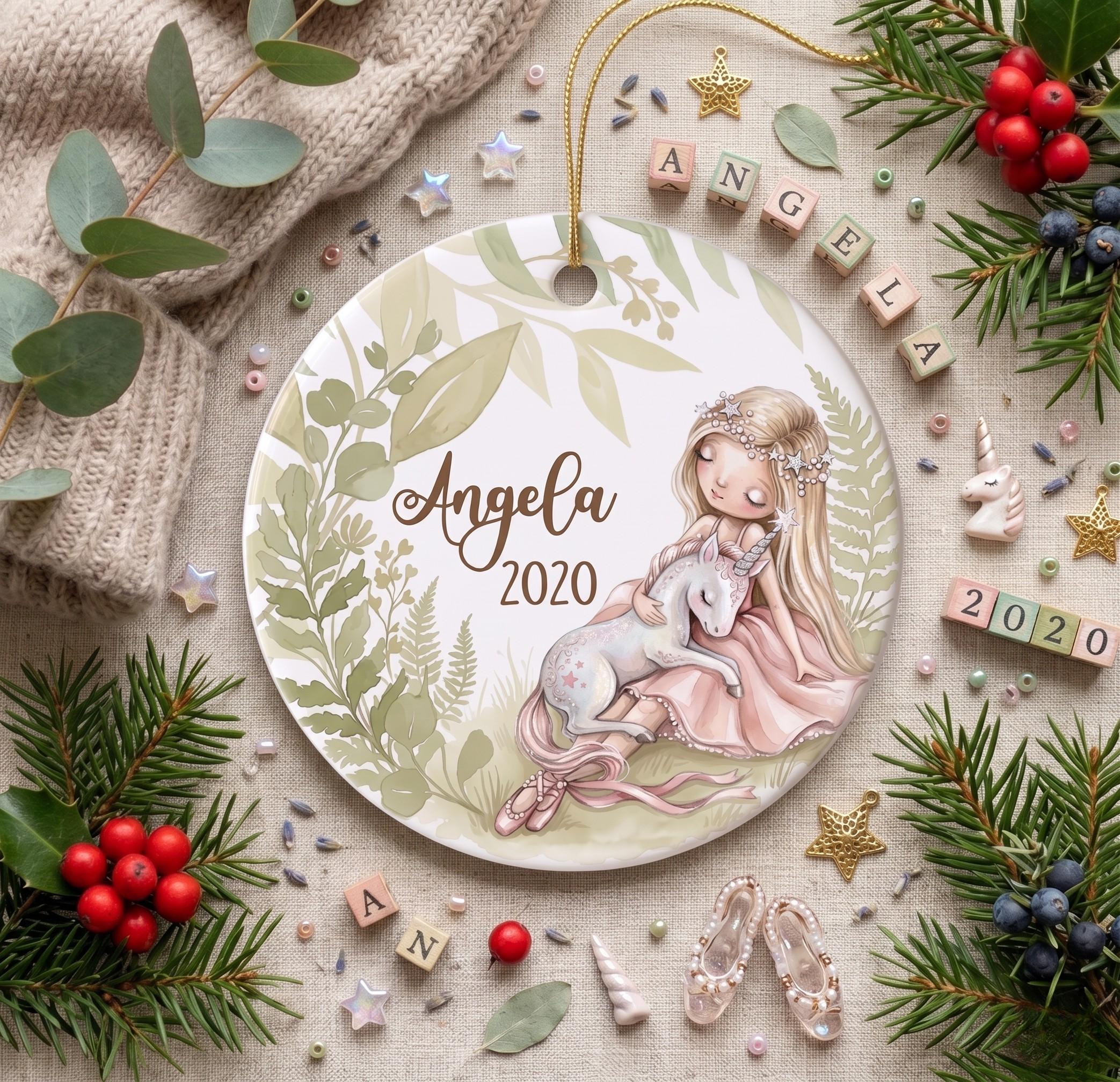 Ballerina Unicorn Ornament, Custom Name Ballet Keepsake, Pink Tutu Watercolor DecorPersonalized