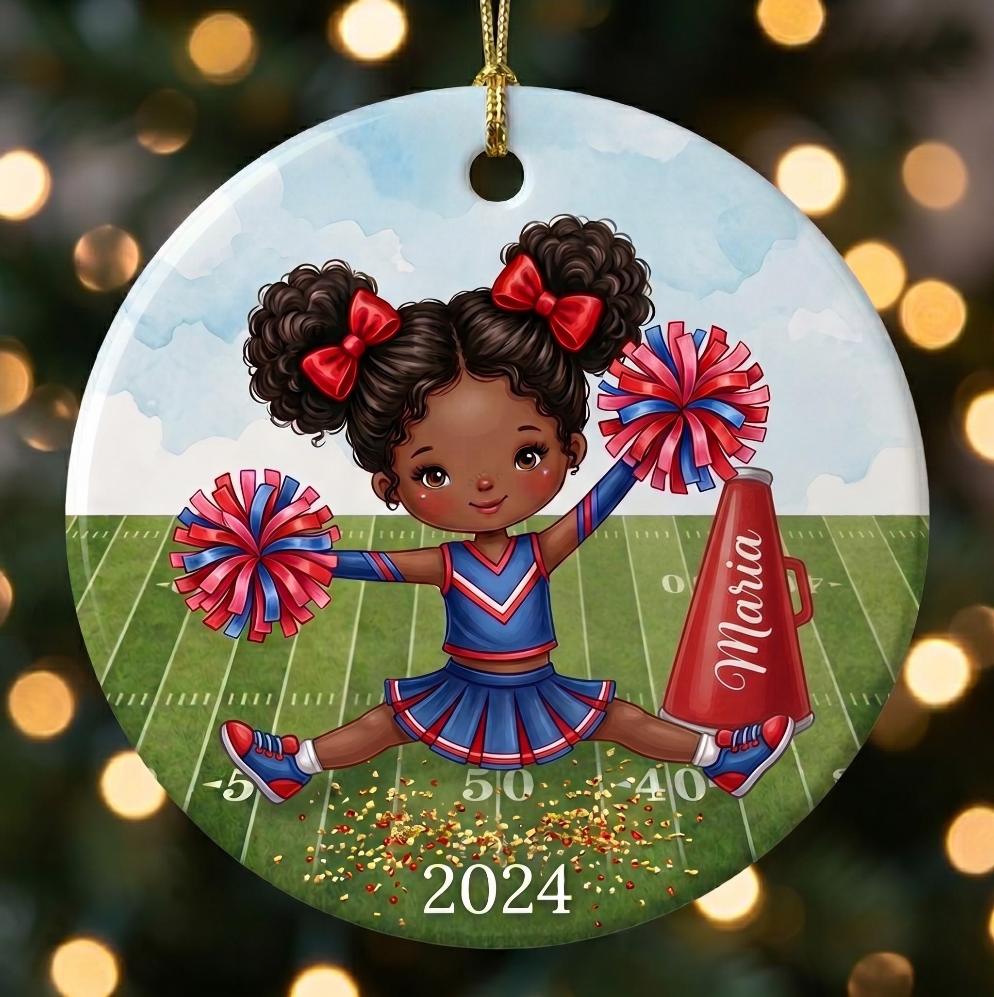 Black Girl Cheerleader Ornament, Personalized Megaphone Keepsake, Cheer Spirit ArtPersonalized