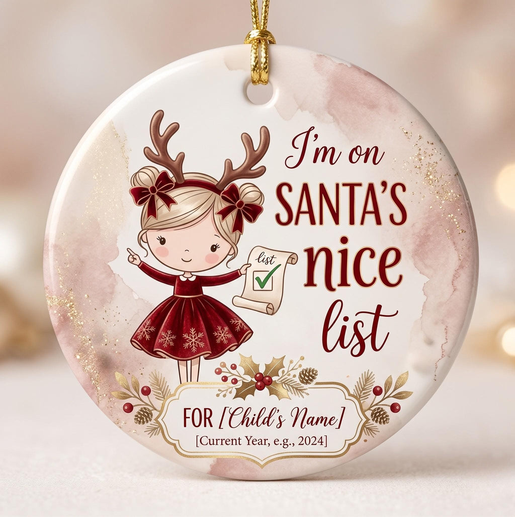 Santa's Nice List Girl Ornament, Custom Reindeer Keepsake, Daughter Christmas ArtPersonalized