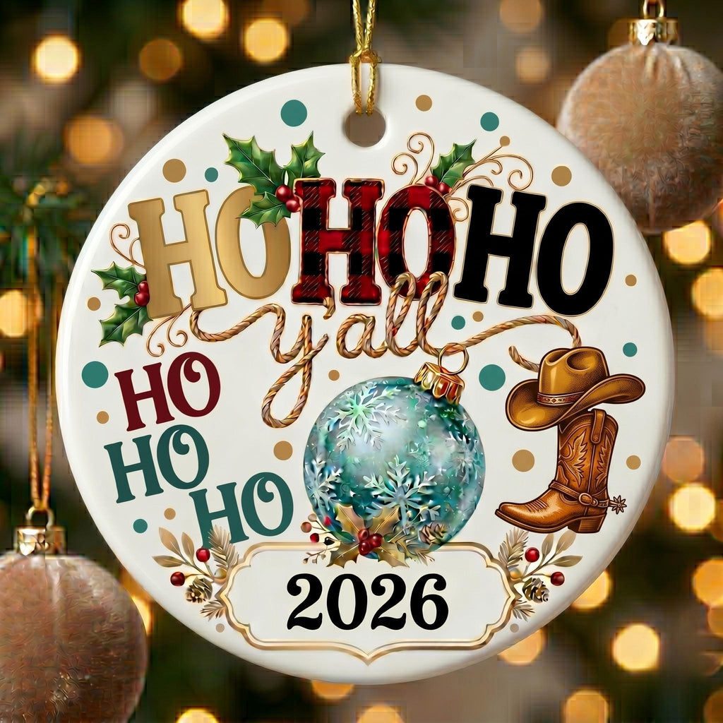 Southern Christmas Ho Ho Ho Y'all Ceramic Ornament, Buffalo Plaid Christmas Decor, Teal Snowflakes KeepsakePersonalized