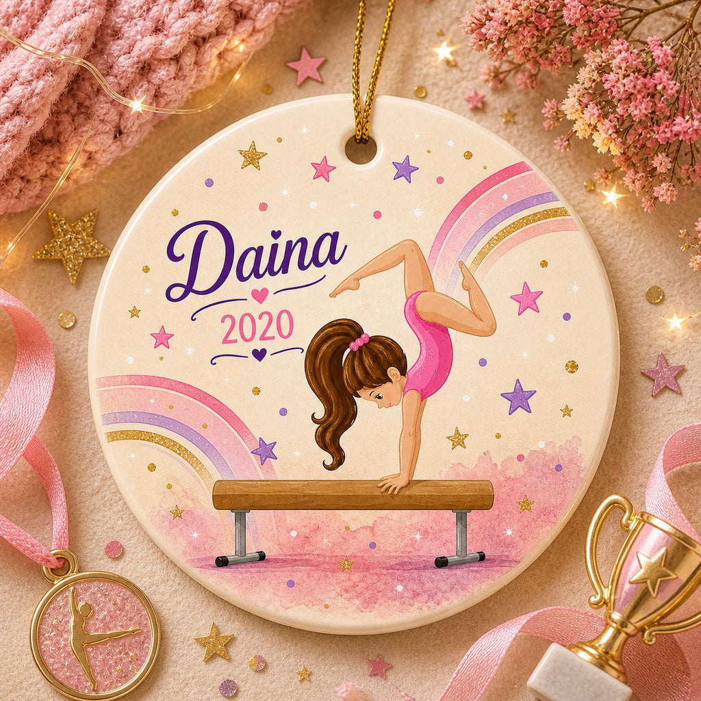 Gymnastics Ornament, Custom Name Gymnast Keepsake, Balance Beam Rainbow DecorPersonalized