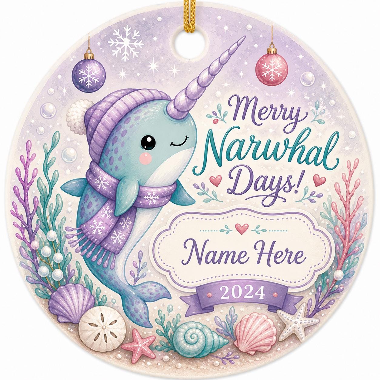 Happy Narwhal Days Ceramic Ornament, Custom Family Name, Whimsical Sea Unicorn DecorPersonalized